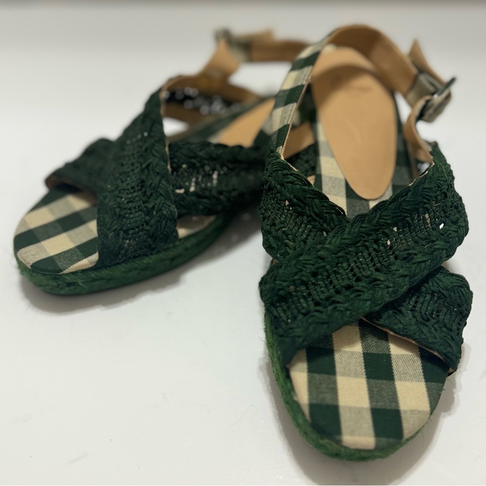 Castenēr Green & Cream Gingham Plaid Espadrille Strappy Sandal NWOT/NWOB